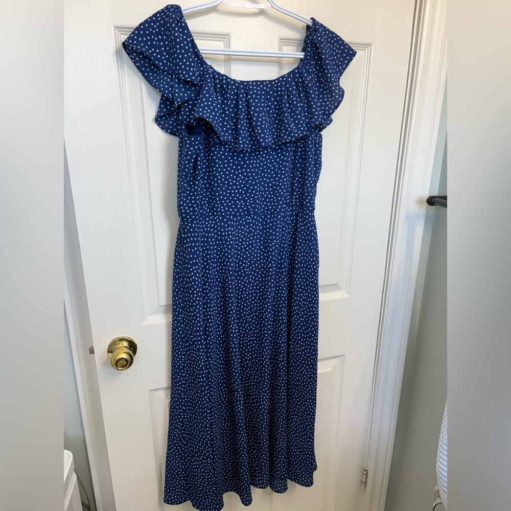 Elegant Navy Polka Dot Off Shoulder Dress